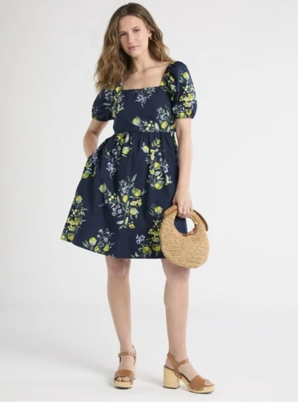NWT Time and Tru Navy Lemon Floral Square-Neck Mini Dress